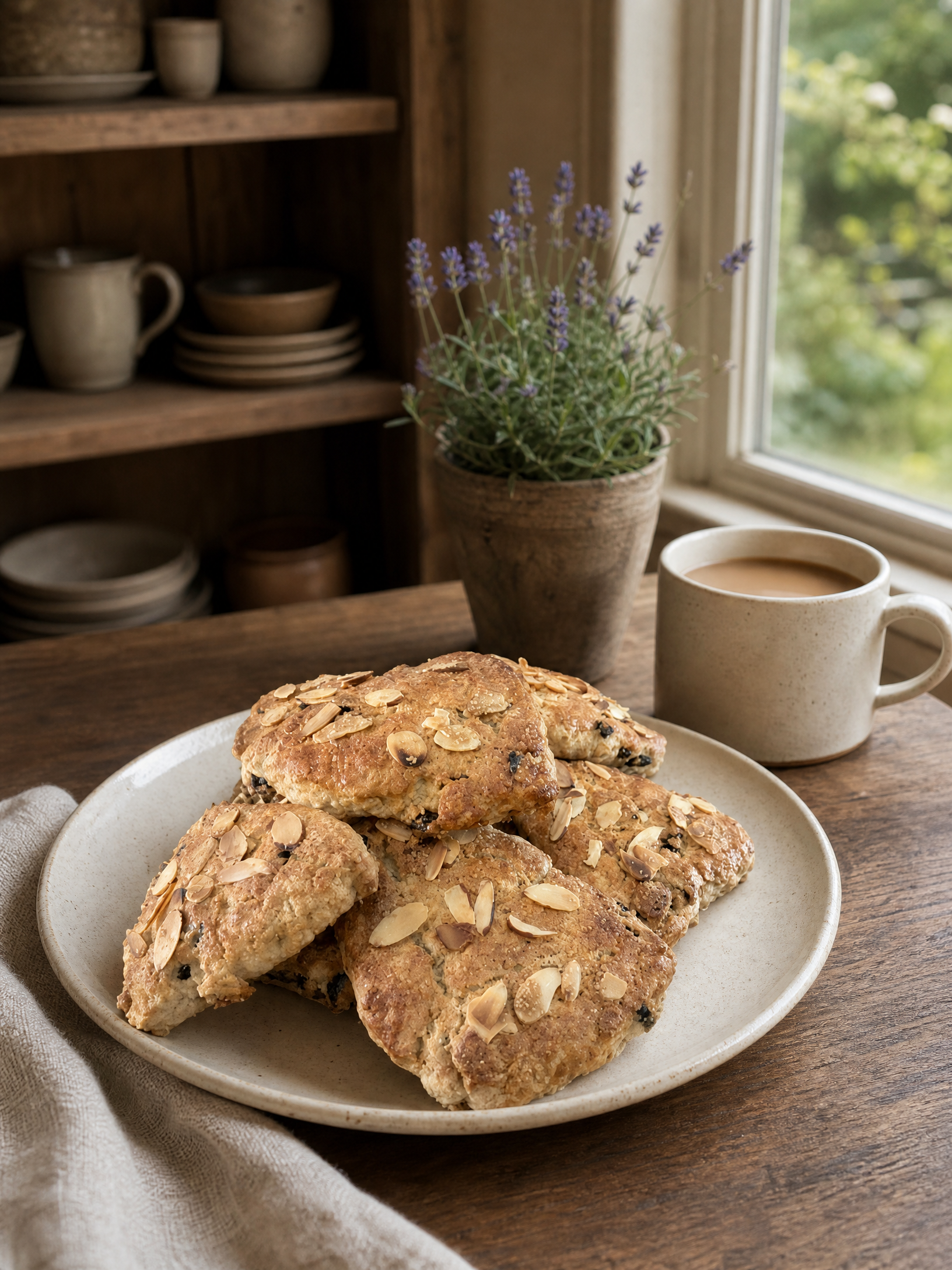 Dried cherry almond scones on warm ivory stoneware in a rustic kitchen setting.