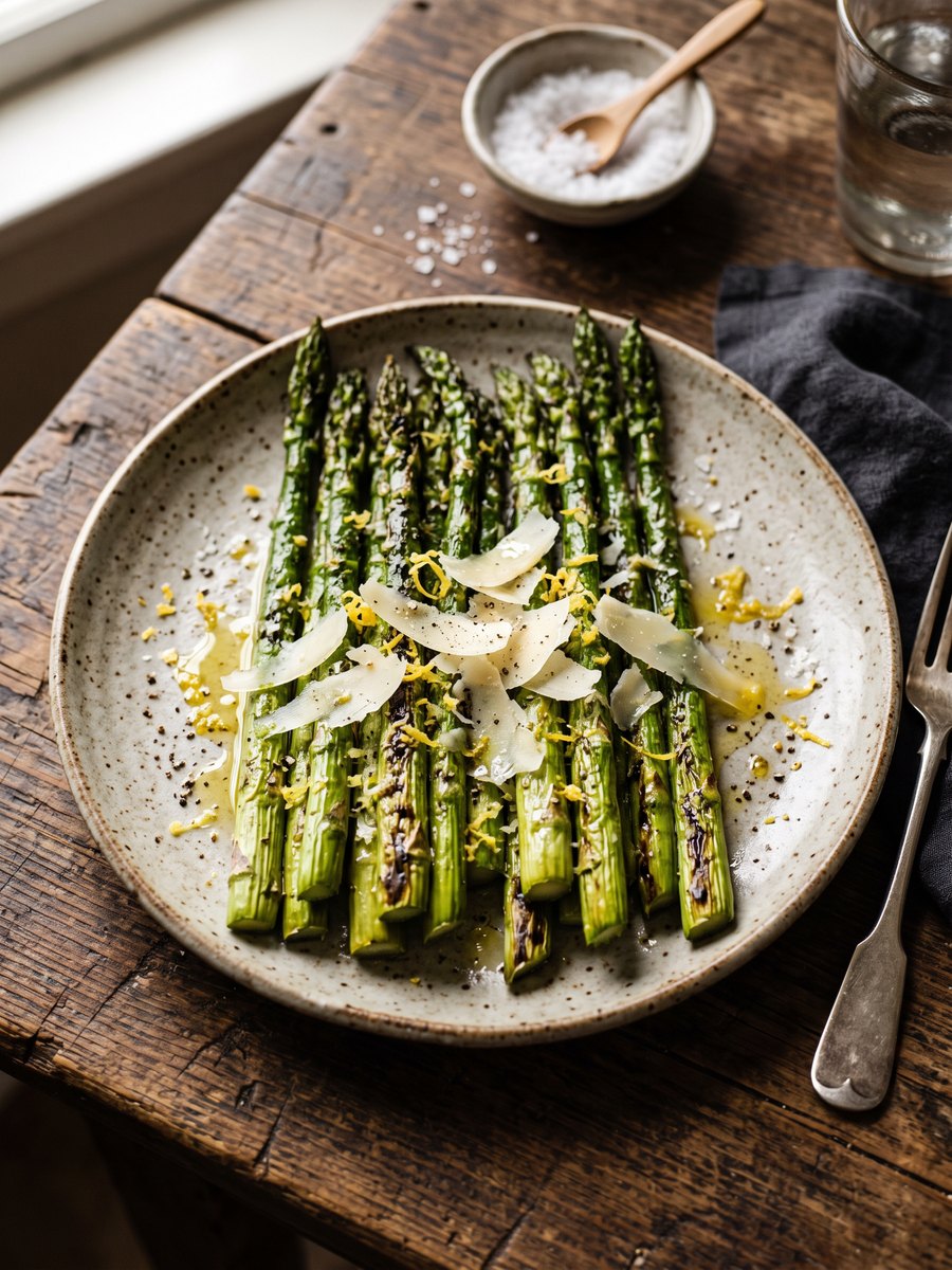 Roasted asparagus spears on a speckled ceramic plate, topped with shaved Parmesan, lemon zest and cracked pepper, set on a weathered wooden table
