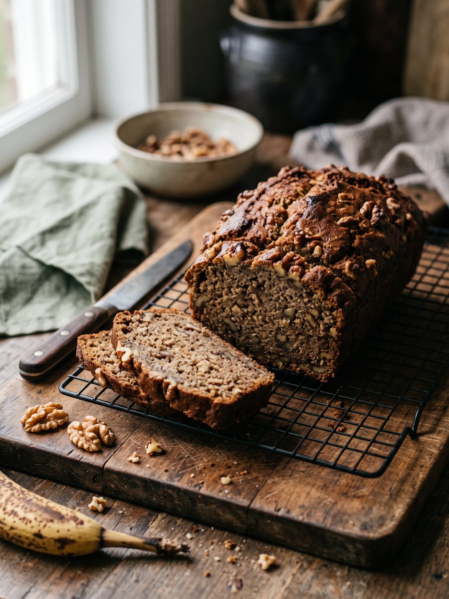 A sliced loaf of dark golden brown banana bread studded with chopped walnuts, resting on a wire cooling rack over a wooden board.