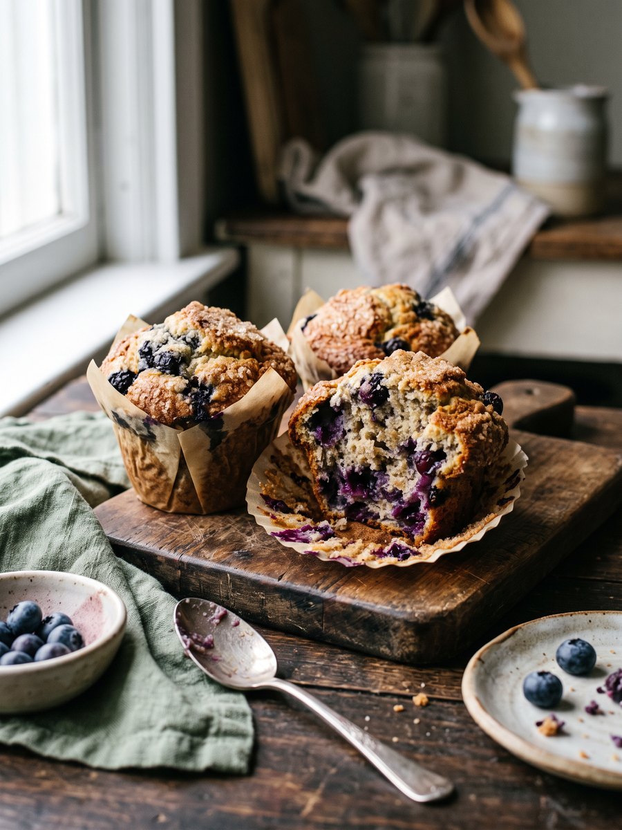 A dozen high-domed blueberry muffins in a metal tin, resting on a wire cooling rack over a wooden table.