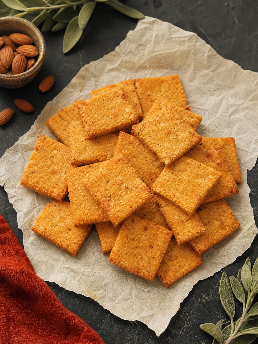 A pile of square, golden-orange almond flour cheddar crackers on a piece of parchment paper over a dark slate surface.