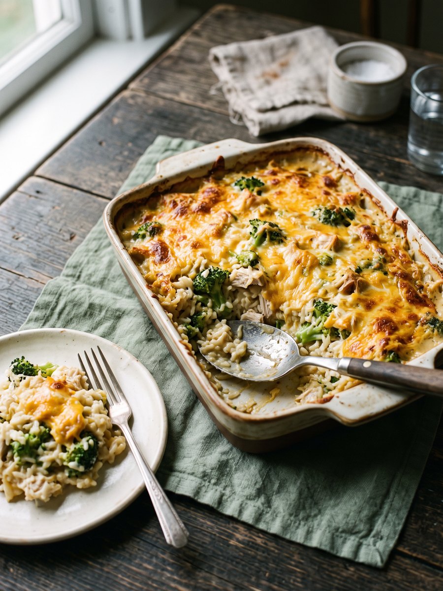 A rectangular ceramic baking dish filled with baked chicken, broccoli, and rice casserole, topped with melted cheddar cheese, resting on a wooden board.