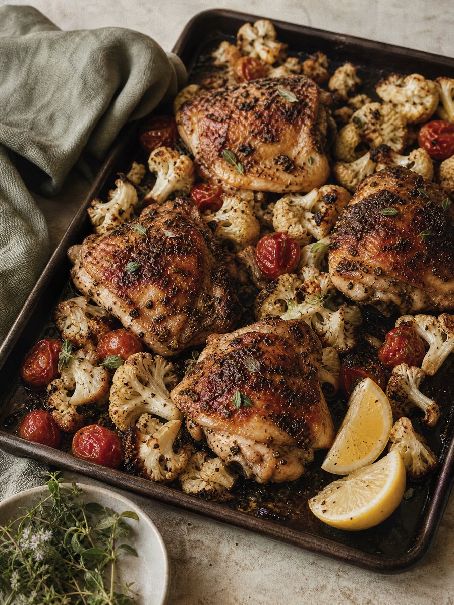 Herb roasted chicken thighs with crispy skin resting on caramelized cauliflower florets on a dark metal baking sheet.