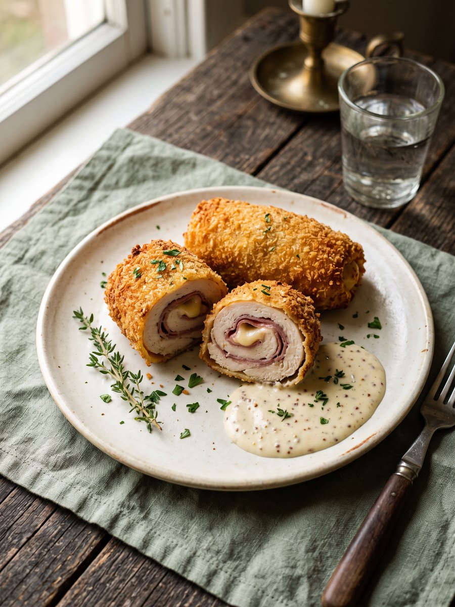 Two golden-brown breaded chicken breasts on a white ceramic platter, one sliced in half to reveal layers of ham and melted Swiss cheese.