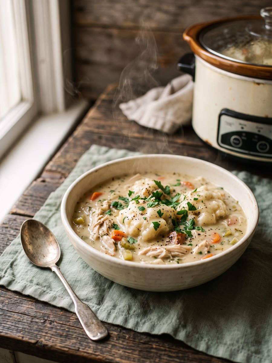 A wide, shallow bowl filled with thick chicken stew, carrots, and celery, topped with three large, rustic dumplings, resting on a dark wooden table.