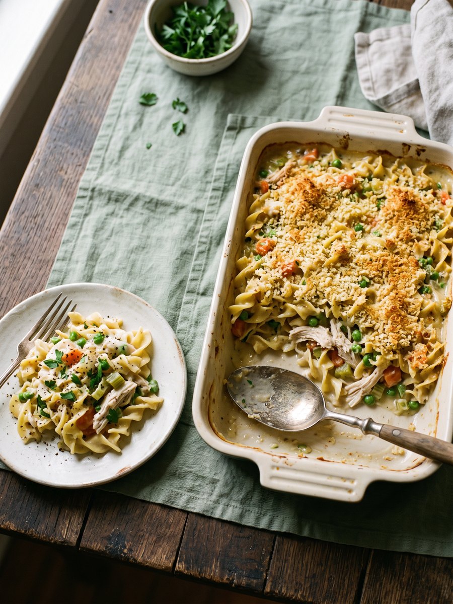 A rectangular ceramic baking dish filled with creamy chicken and egg noodles, topped with golden browned cracker crumbs, resting on a wooden trivet.
