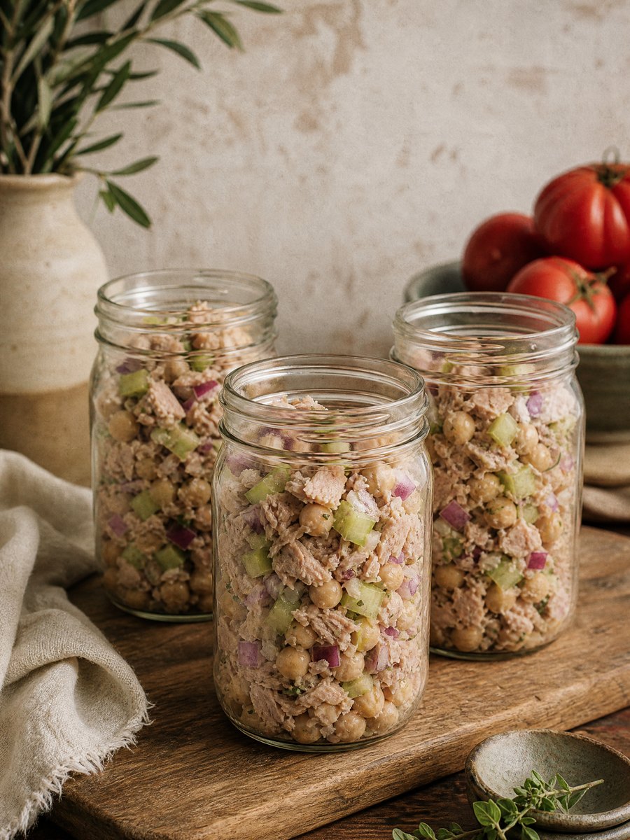 Three glass mason jars filled with a mixture of chickpeas, flaked tuna, diced celery, and red onion, sitting on a wooden cutting board.