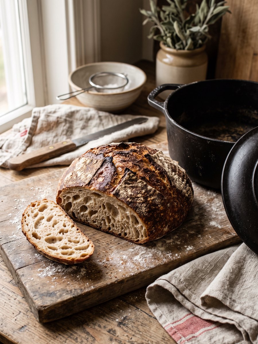 A round, crusty loaf of bread with a deep brown, blistered surface, resting on a wooden cutting board next to a cast iron Dutch oven.