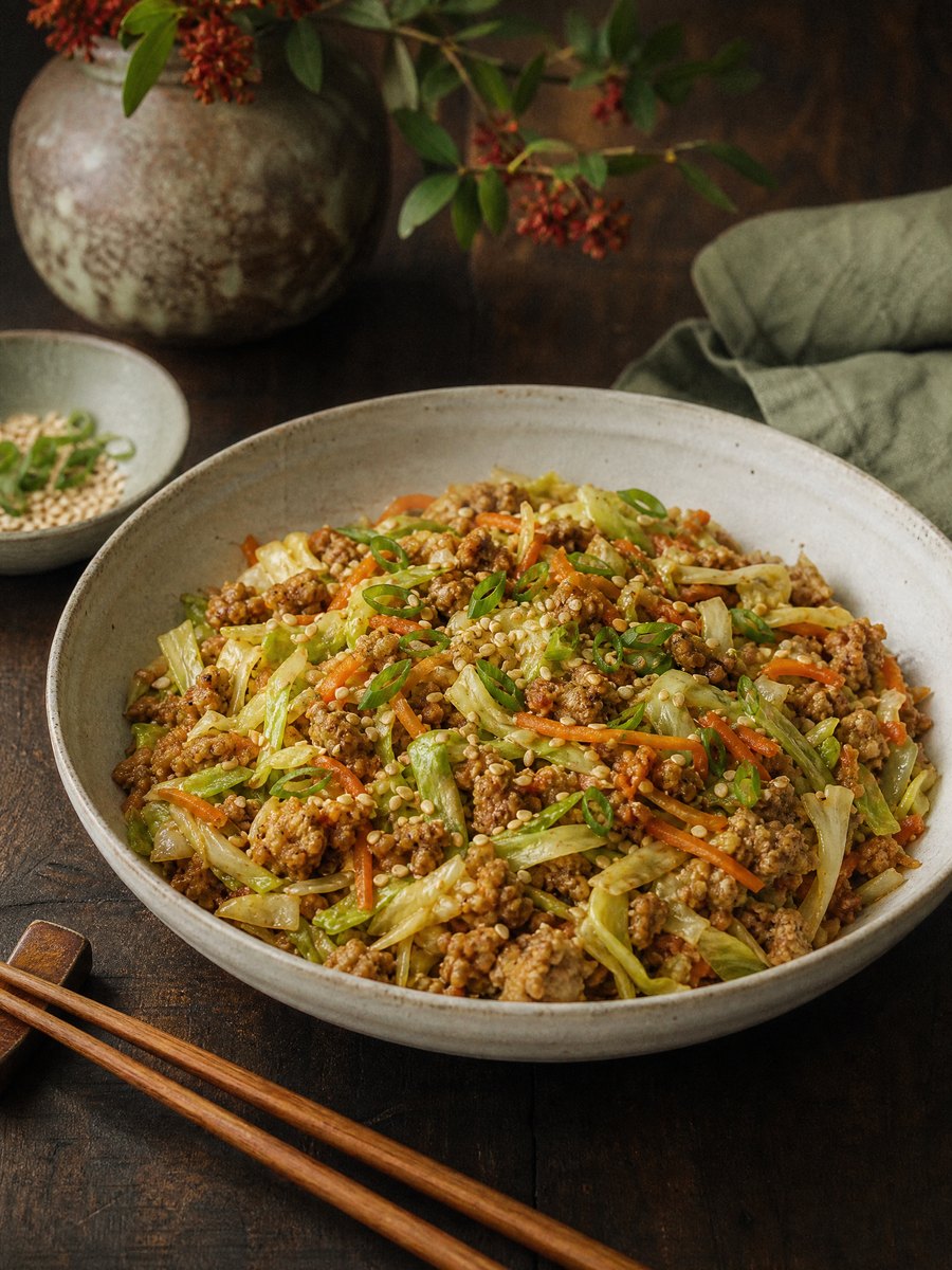 A wide shallow ceramic bowl filled with browned ground turkey, shredded green cabbage, and carrots, garnished with sliced scallions and sesame seeds on a dark wood table.