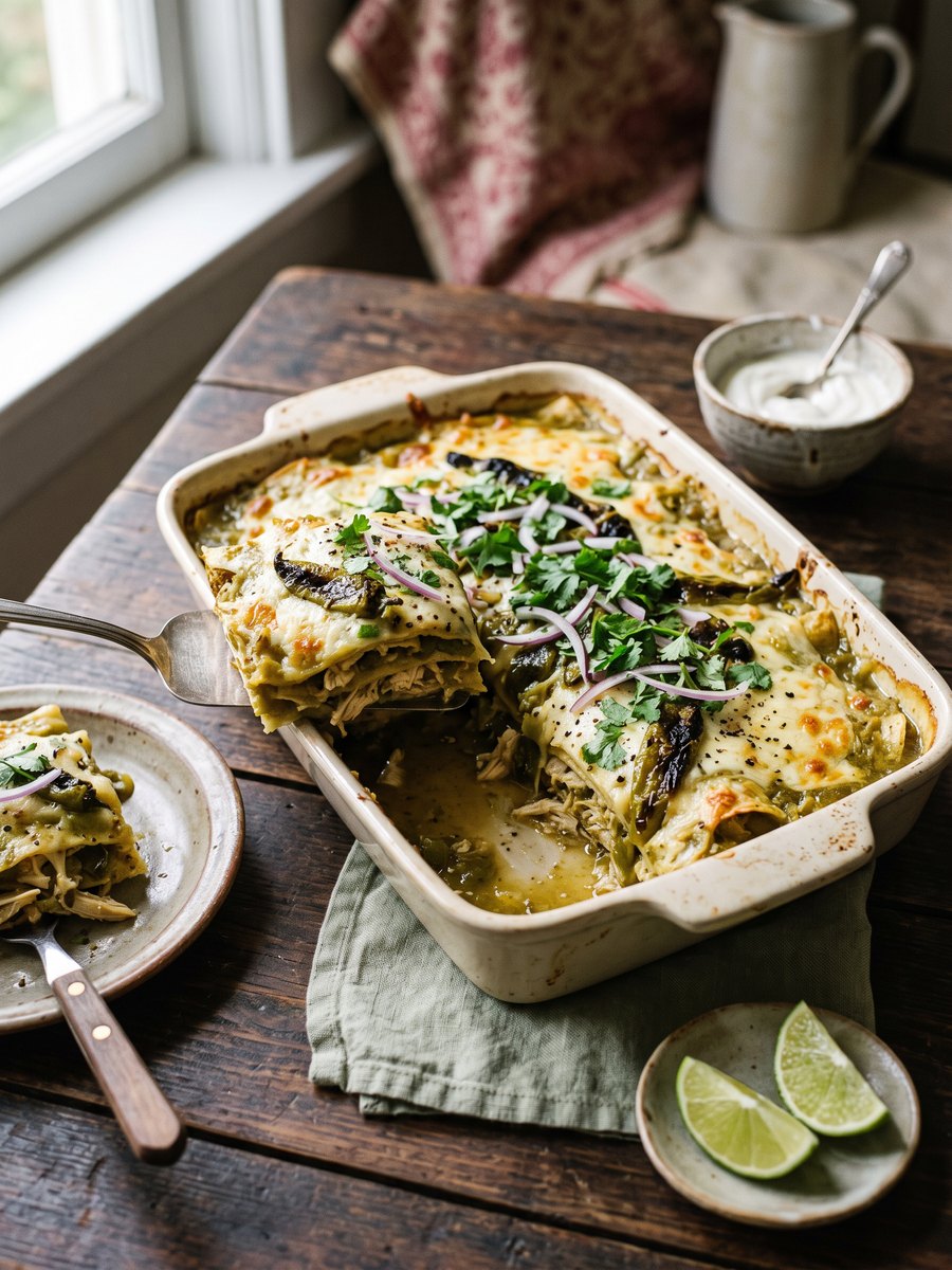 A rectangular baking dish containing a layered casserole of corn tortillas, shredded chicken, green sauce, and melted cheese, resting on a wooden trivet.