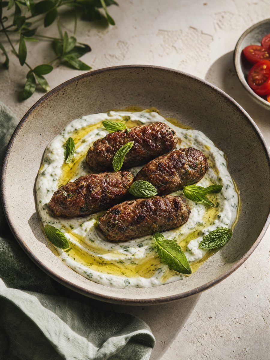 Four browned lamb kofta resting on a smear of thick herb yogurt in a shallow ceramic bowl, garnished with fresh mint leaves and a drizzle of olive oil.