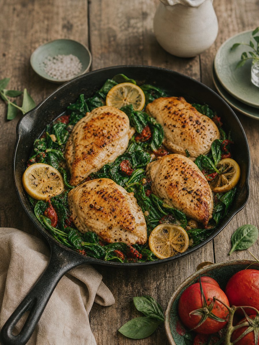 A cast iron skillet filled with seared golden chicken breasts, wilted green spinach, and lemon slices, resting on a wooden table.