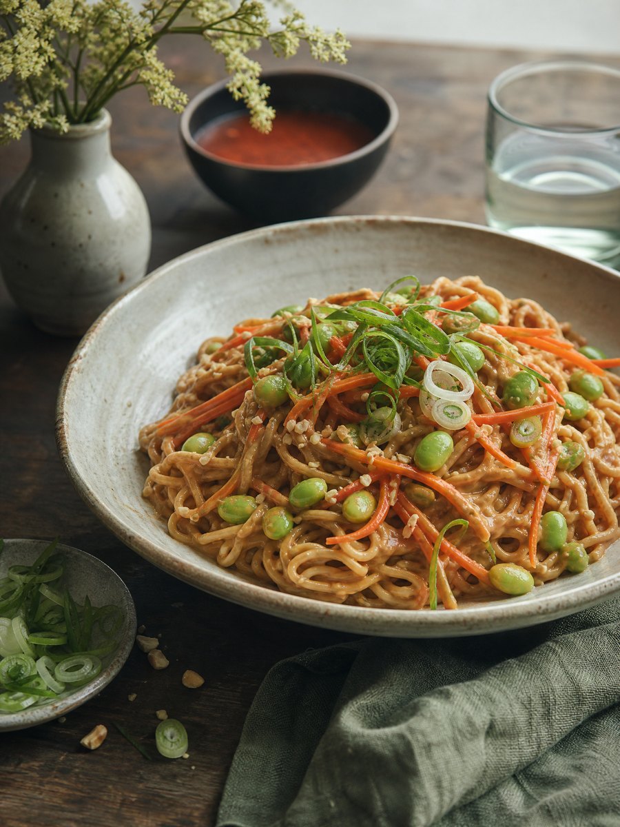 A wide shallow bowl filled with cold noodles coated in peanut sauce, topped with shredded carrots, edamame, and sliced scallions on a wooden table.