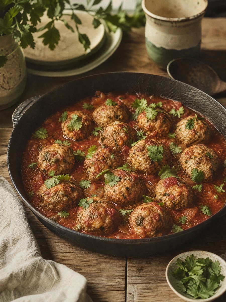 Poblano turkey meatballs simmering in a red tomato broth in a wide cast iron skillet, garnished with fresh cilantro on a wooden table.