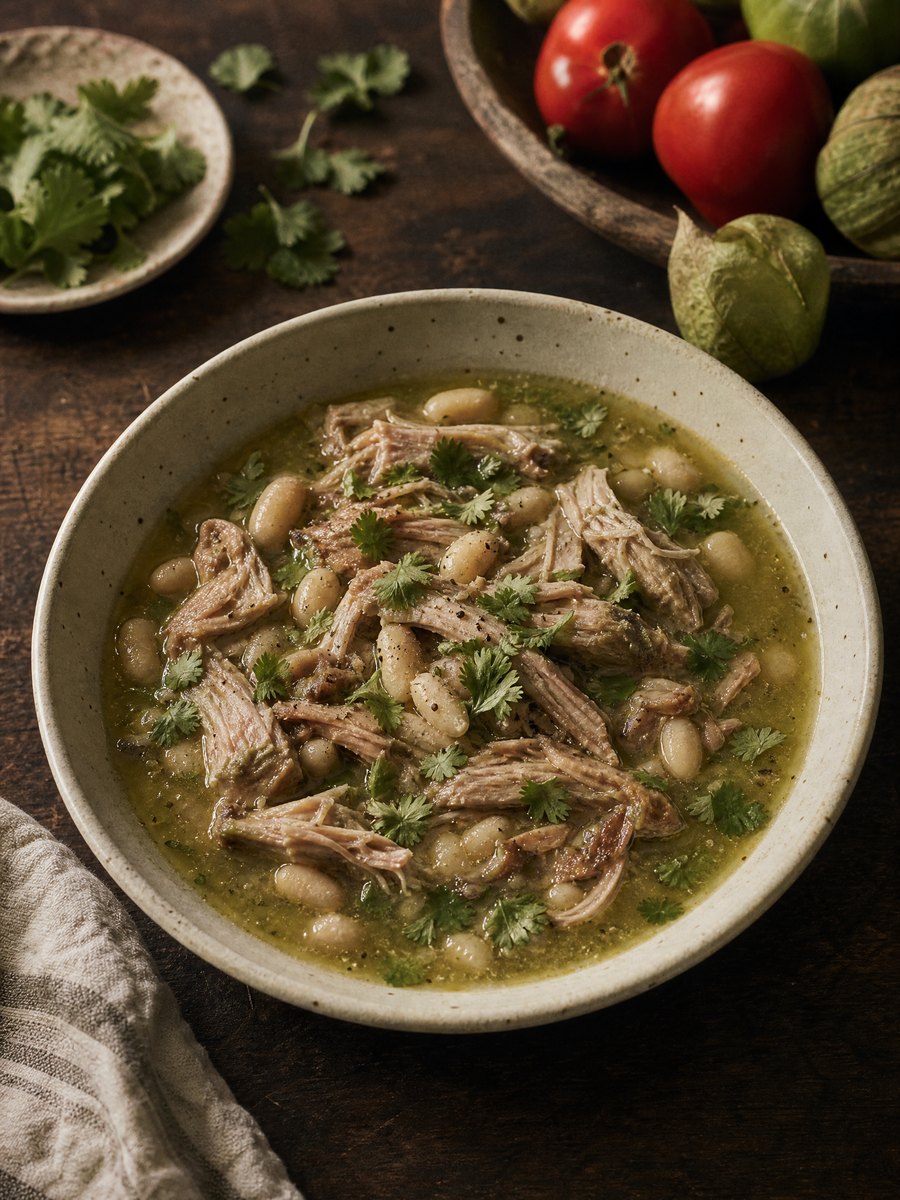 Shredded pork shoulder and white beans in a shallow ceramic bowl, bathed in a light green tomatillo broth, resting on a dark wooden table.