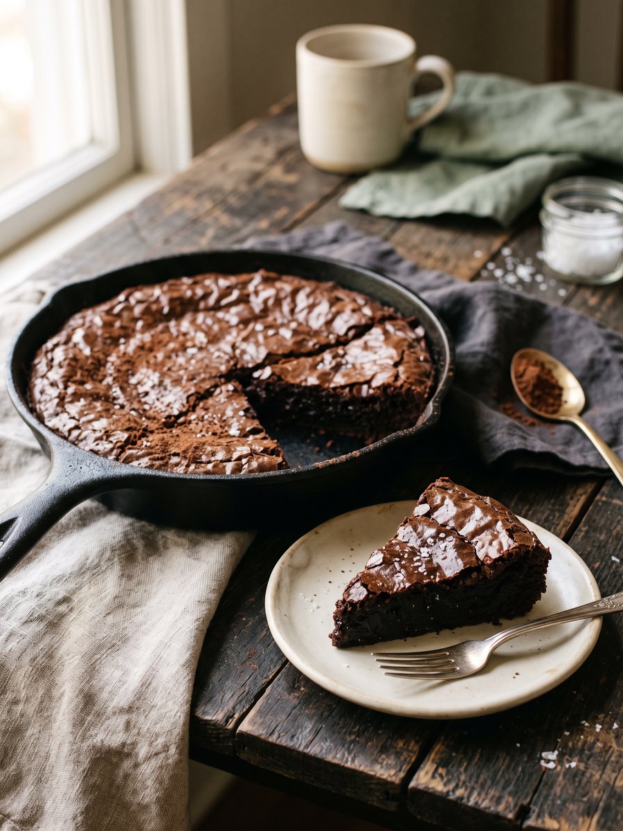 A cast iron skillet filled with dense, dark chocolate brownies, cut into wedges, resting on a wooden board with a dusting of sea salt.
