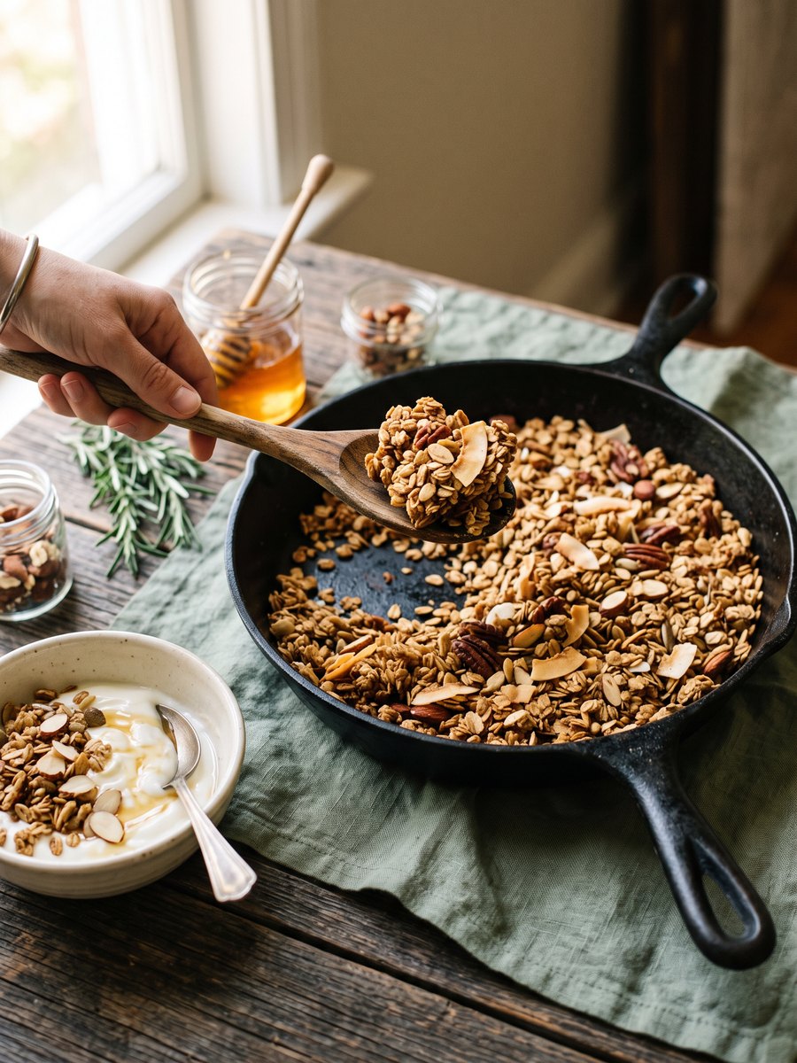 A cast iron skillet filled with golden toasted oats, almonds, and dried cherries, resting on a wooden picnic table next to a camp stove.
