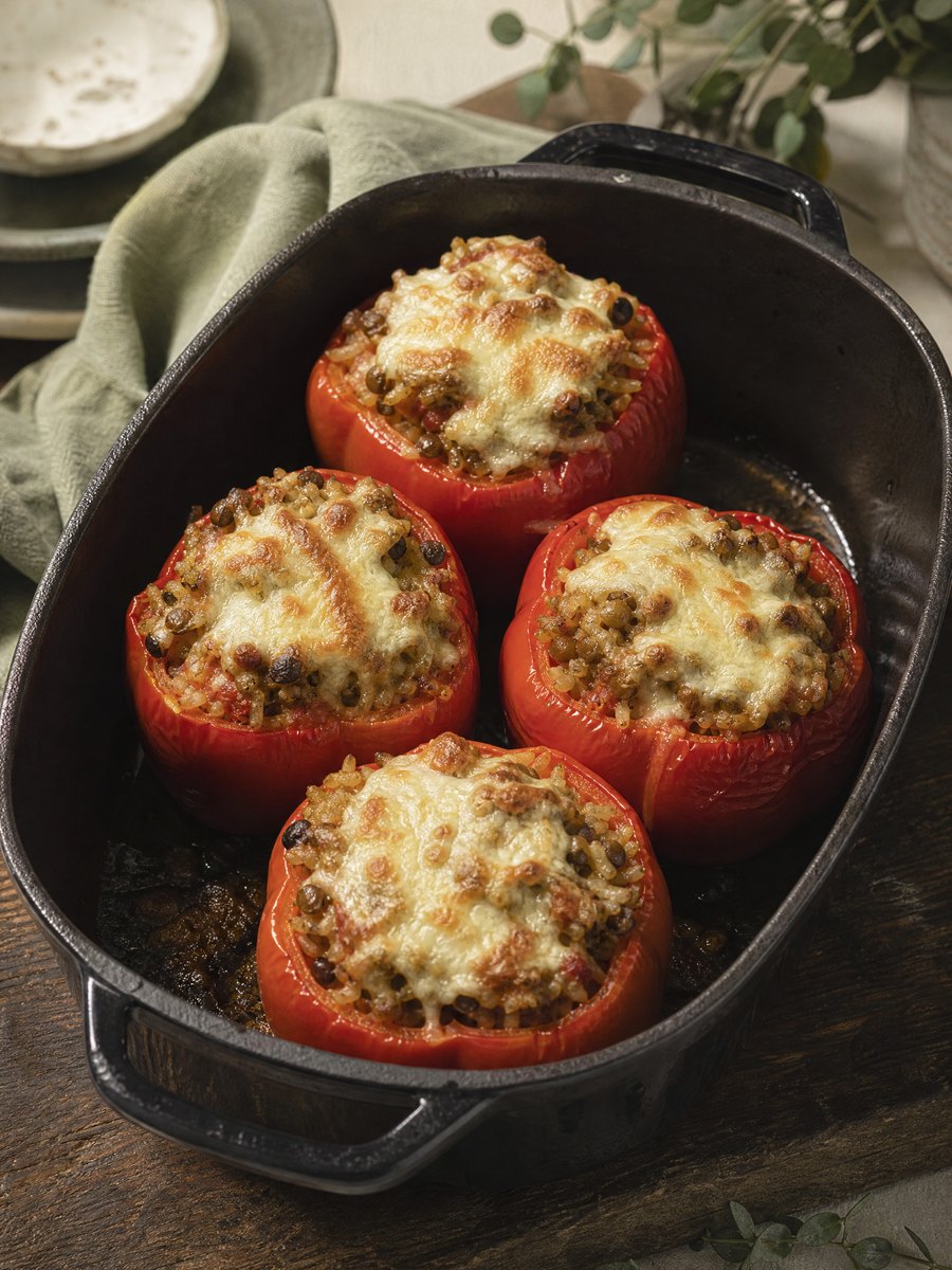 Four red bell peppers stuffed with a lentil and brown rice mixture, topped with melted cheese, sitting in a dark enameled cast iron baking dish.
