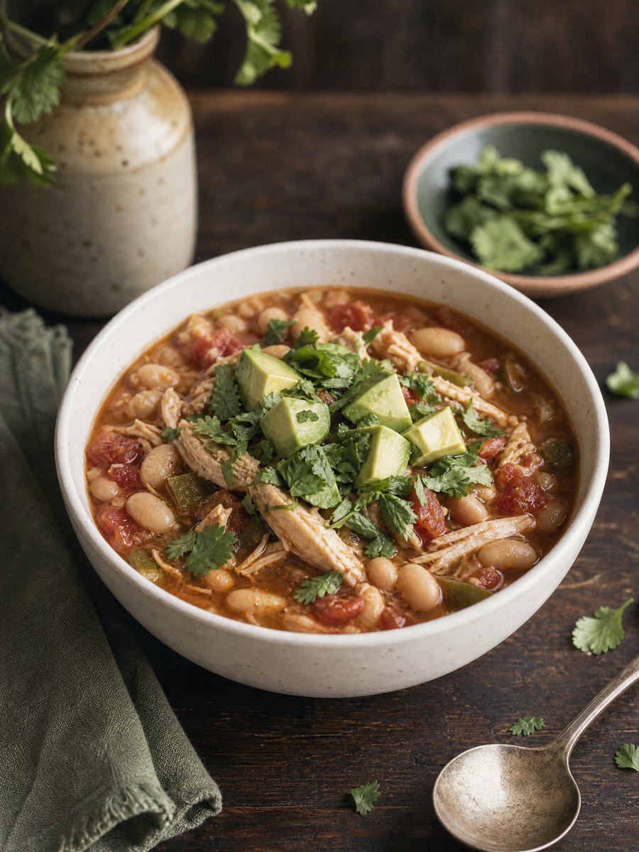 A white ceramic bowl filled with chicken and white bean chili, garnished with diced avocado and cilantro, resting on a dark wooden table.